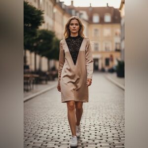 Reiss Beige Taupe Satin Long Sleeve Black Lace Detail Dress 8